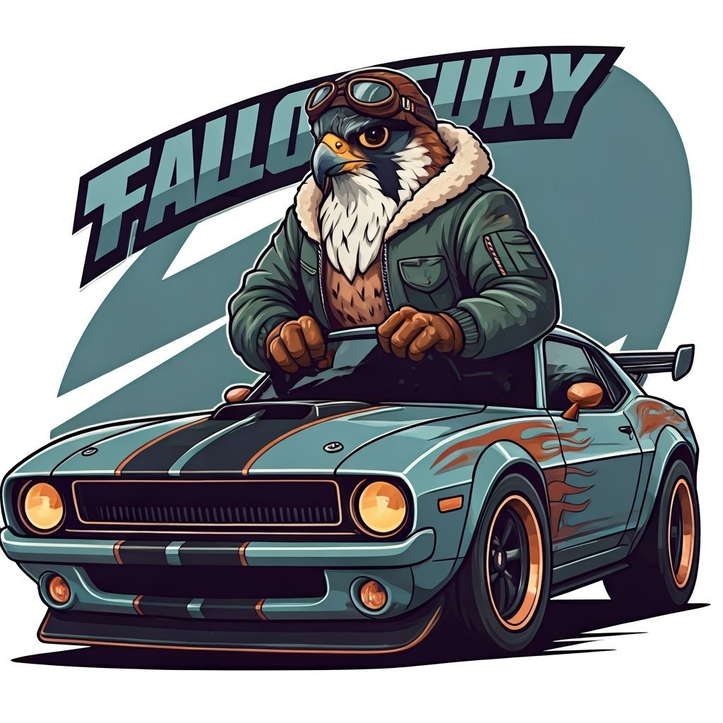 FalconFury Character in Vintage Muscle Car, Cartoon Style