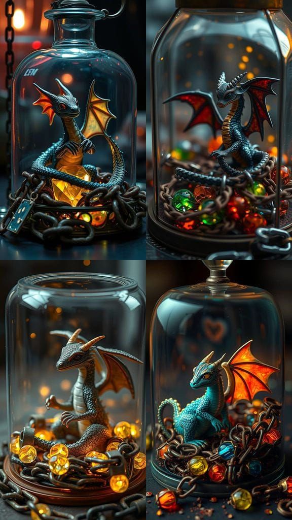 Miniature Dragon in Glass Jewelry Box, Gothic Romance Scene