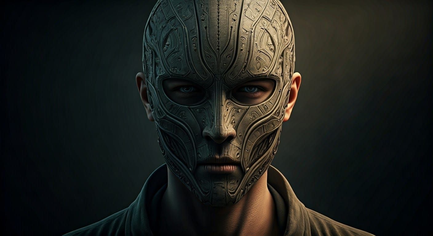 A Person Hides Behind Intricate Mask in a Dark, Cinematic Sc...