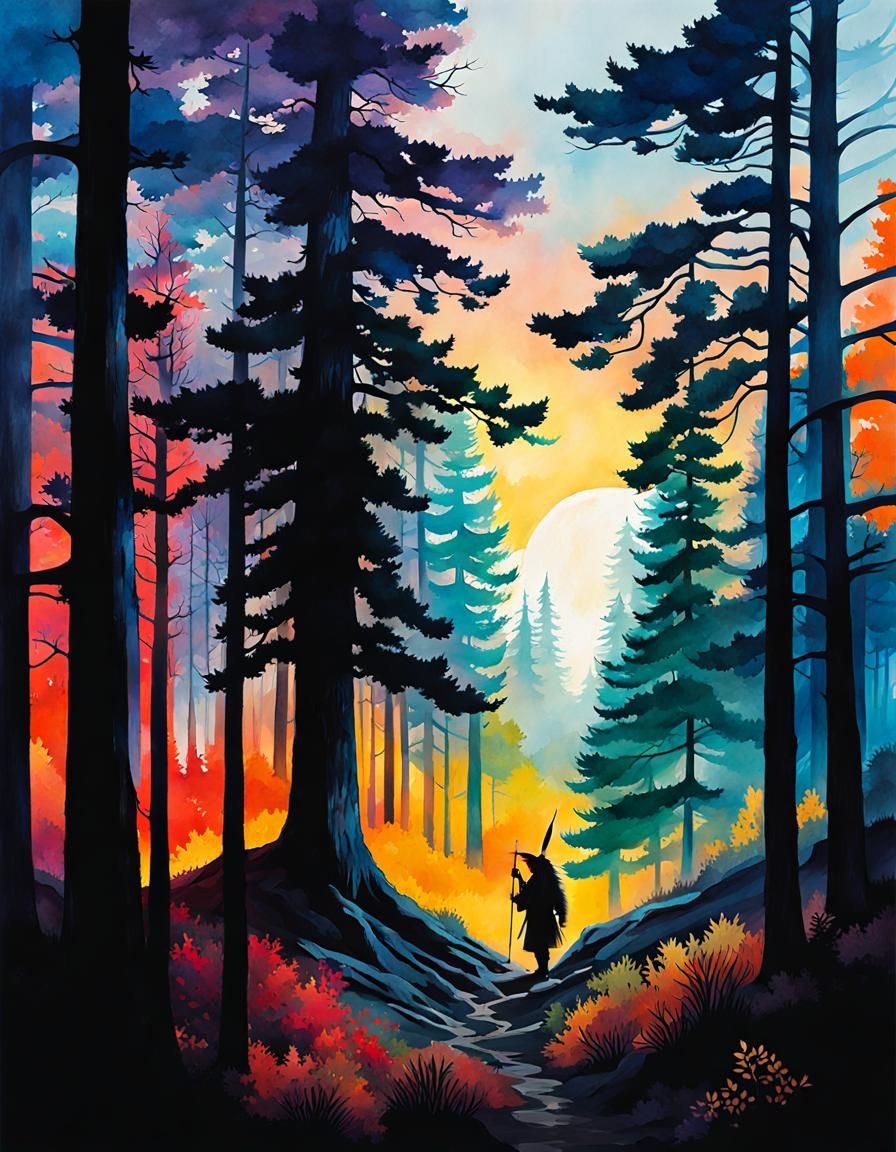Forest Silhouette in Double Exposure Gouache Style