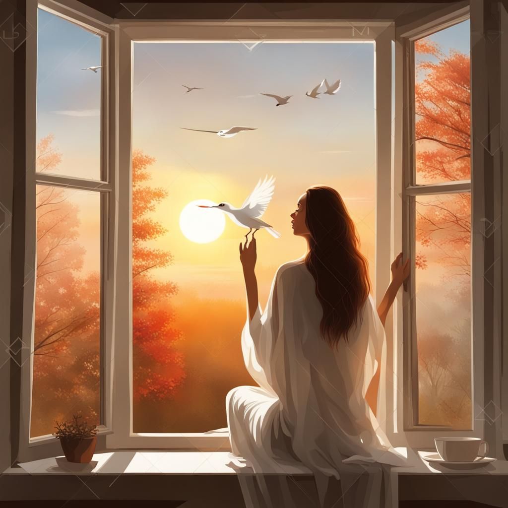 Peaceful Morning: Woman, Bird, Sunrise, Open Window