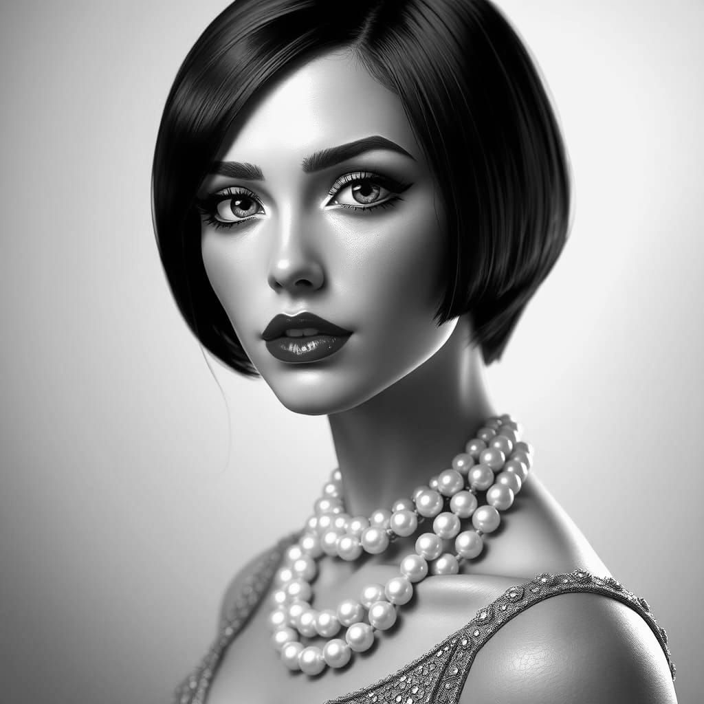 Beautiful Caucasian woman, with short black bob hair, blue eyes. Magnificently dressed in a dress and necklace from the ...