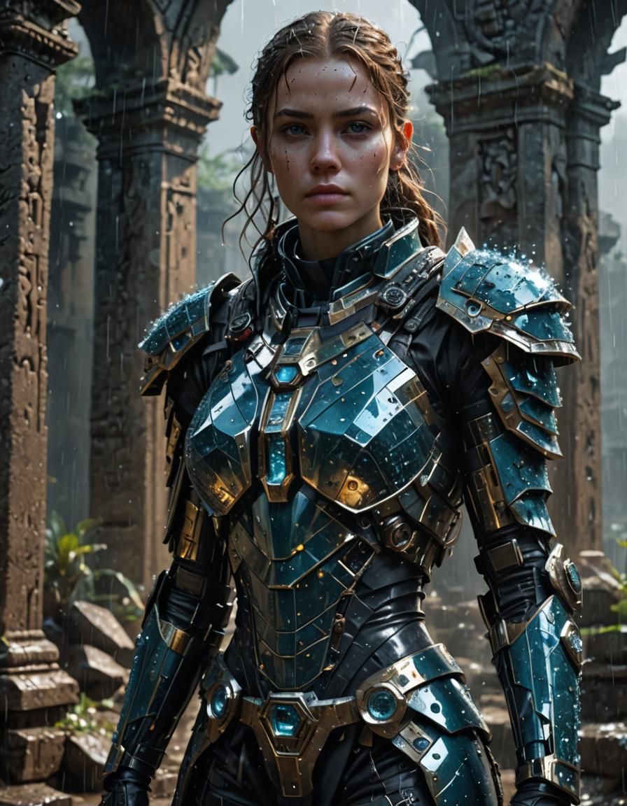 Cyber Mage in Rainy Ruins: Photorealistic 8K