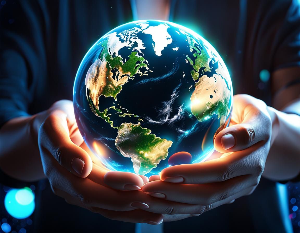 Glass Earth Held in Hands: Dramatic Octane Render