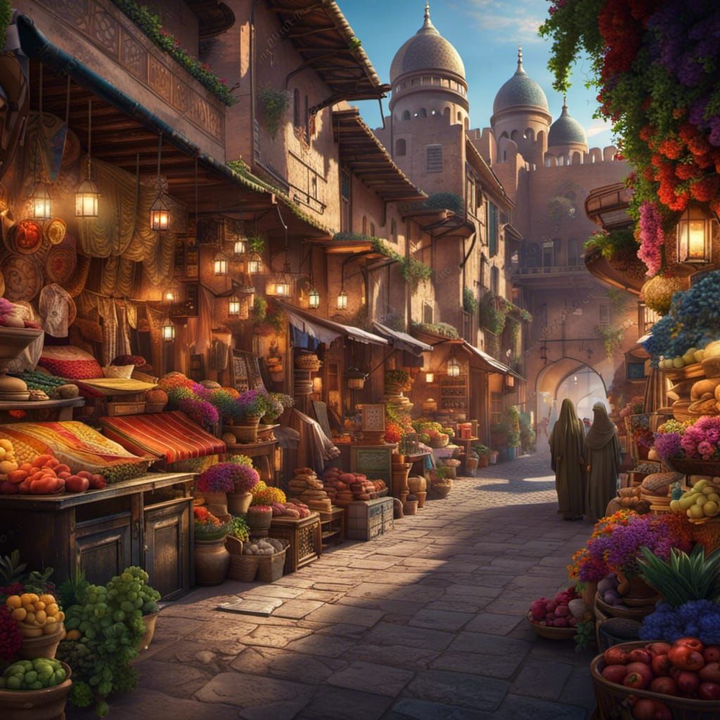 Lively Arabian Bazaar with Colorful Goods: Digital Art