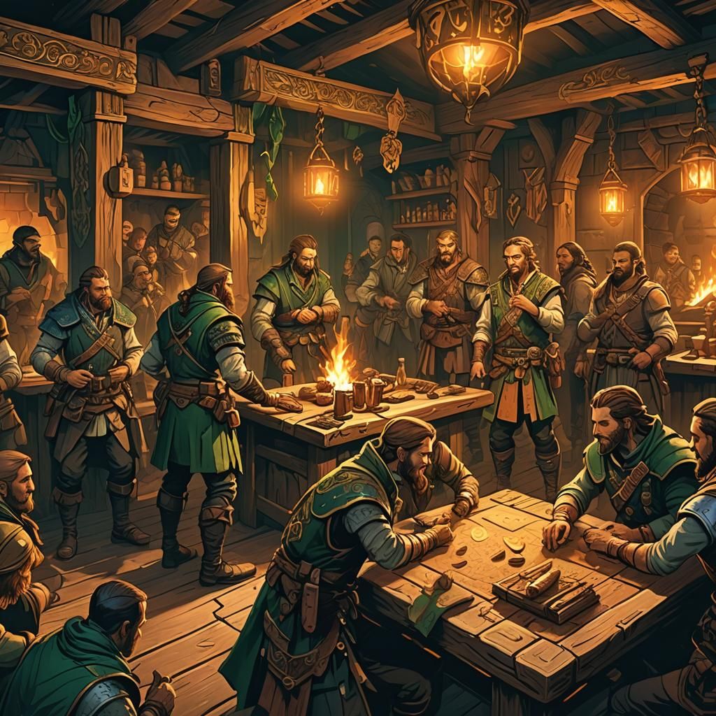 Adventurers Gather at Tavern Bounty Board: Fantasy Art