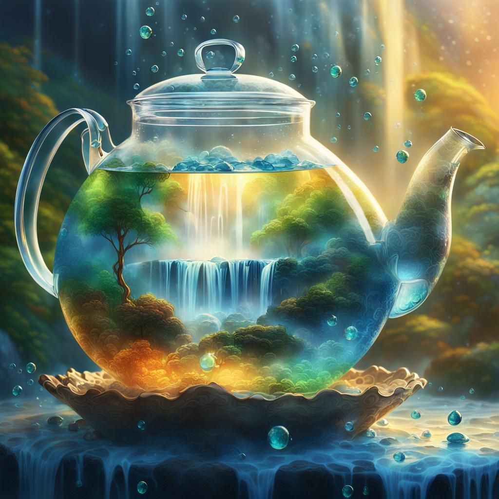 Glass Teapot Waterfall: Fantastical Oil Painting