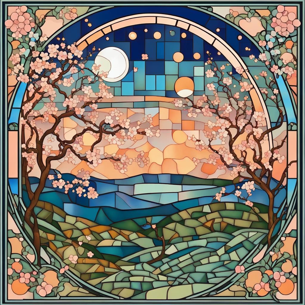 Art Nouveau Spring Landscape with Peach Blossoms