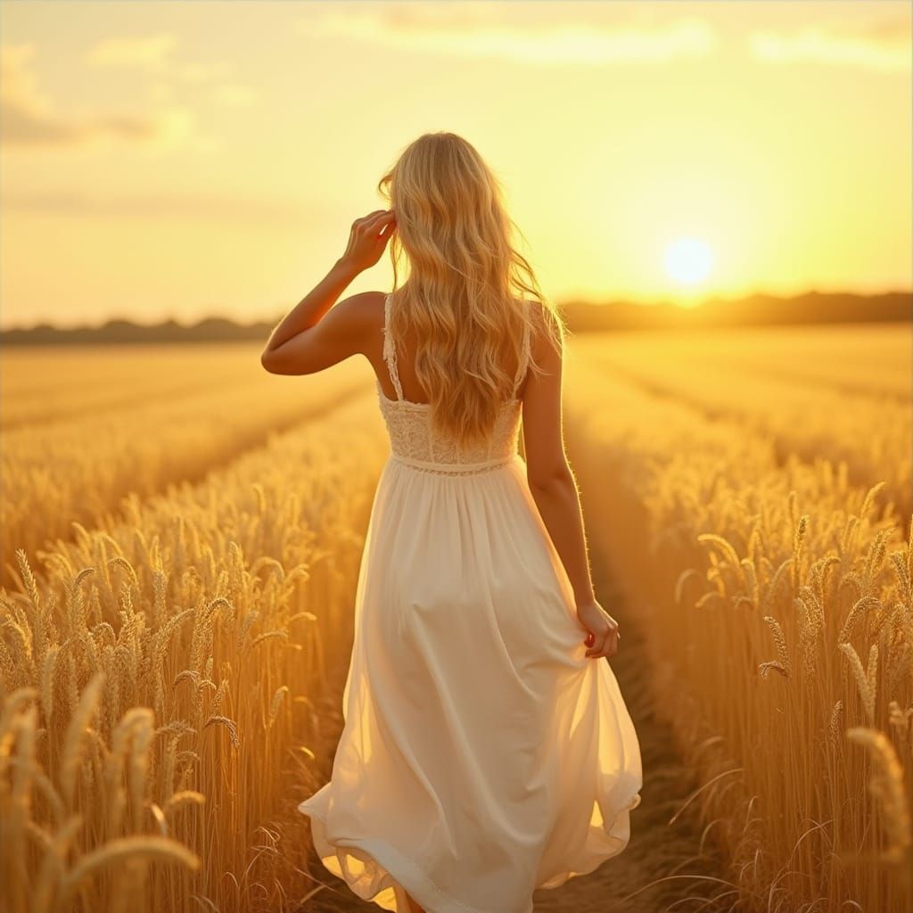 Woman in Wheat Field at Sunset, Impressionist Style