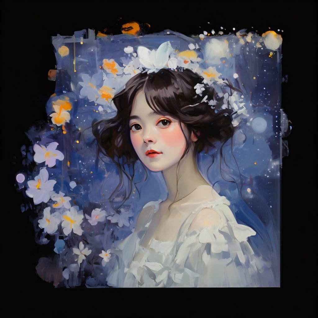 Anime Girl in Ruffle Dress with Jelly Eyes, Impressionist St...