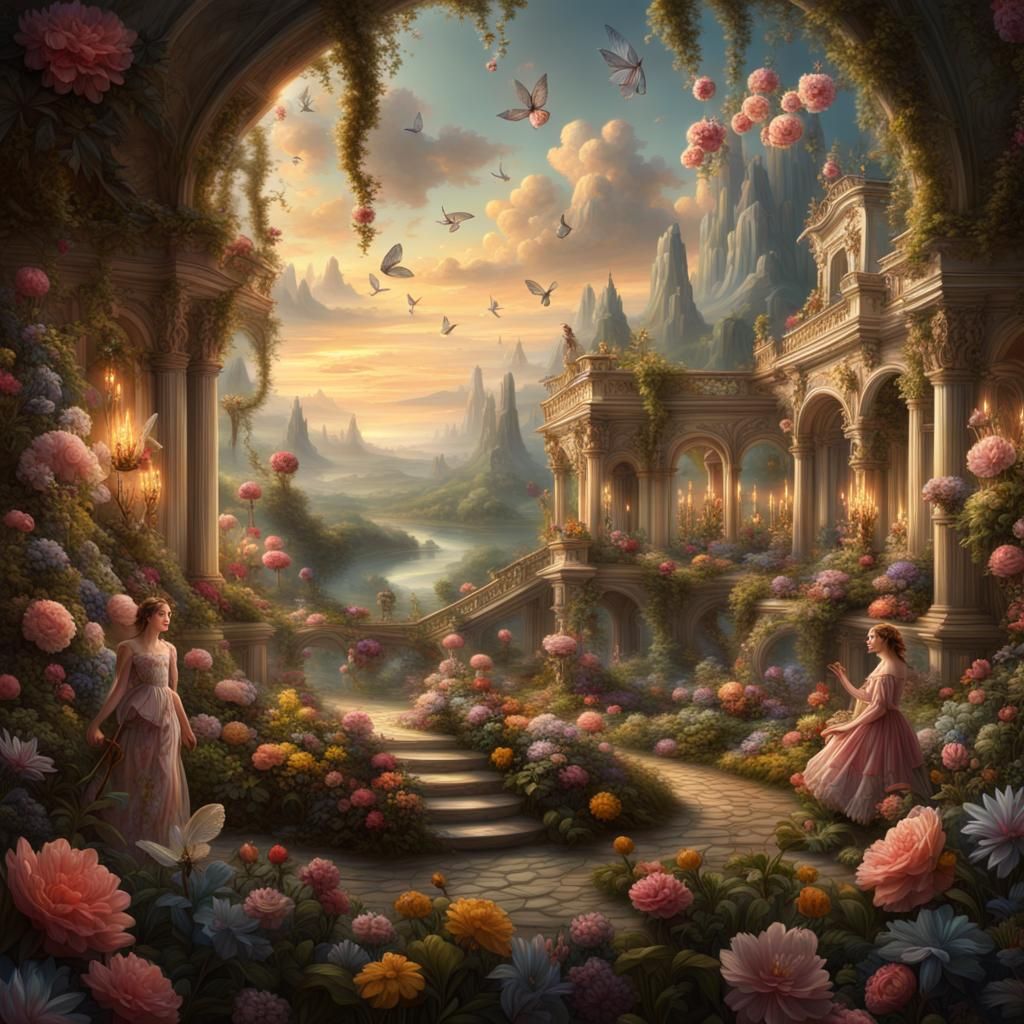 Fairies and Flowers in Rococo Landscape