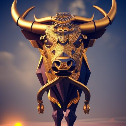 Detailed Origami Bull with Golden Horns