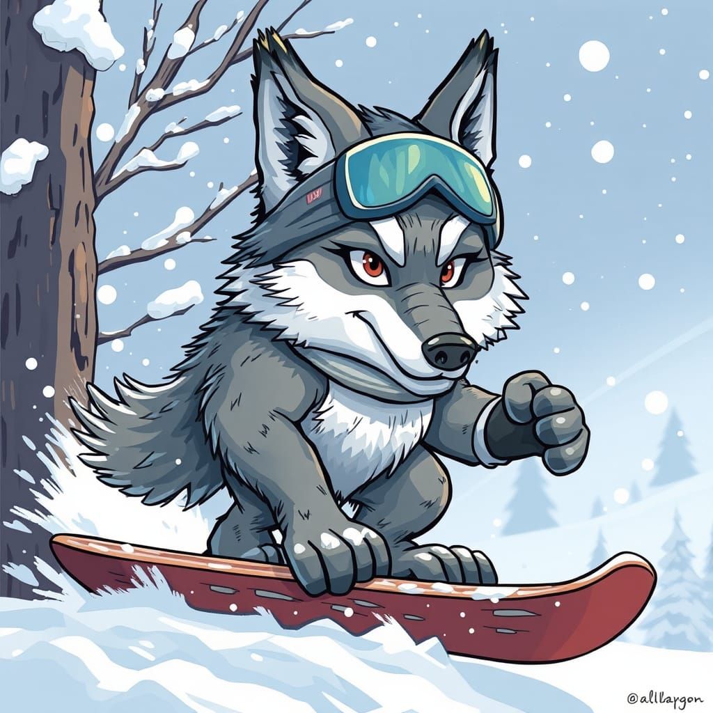 Anthropomorphic Snow Wolf on Snowboard Artwork