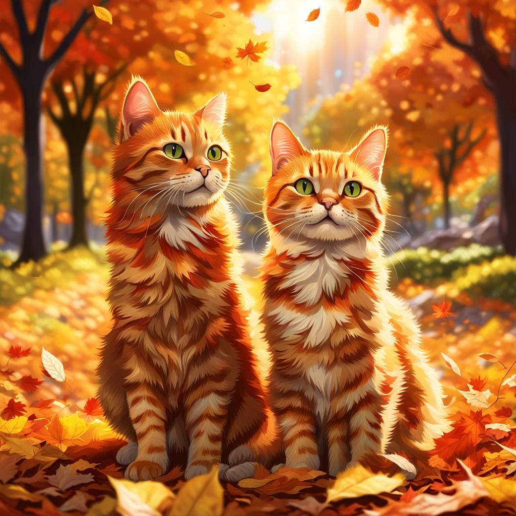 Orange Cats Play in Autumn Park: Concept Art