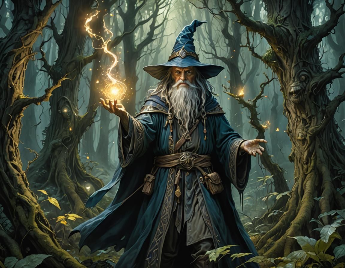 Wizard Casting Spell in Mystical Forest