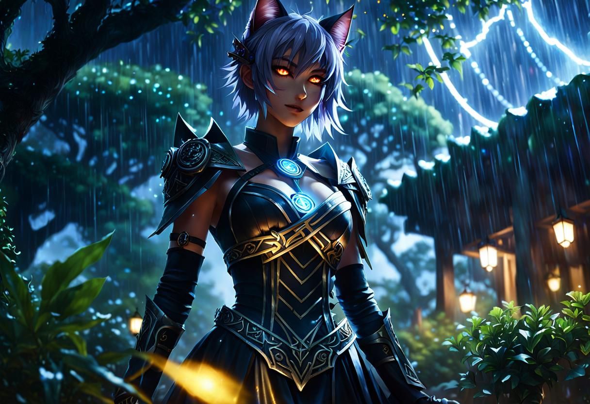 Fantasy Anime Catgirl Prowler in Starry Garden