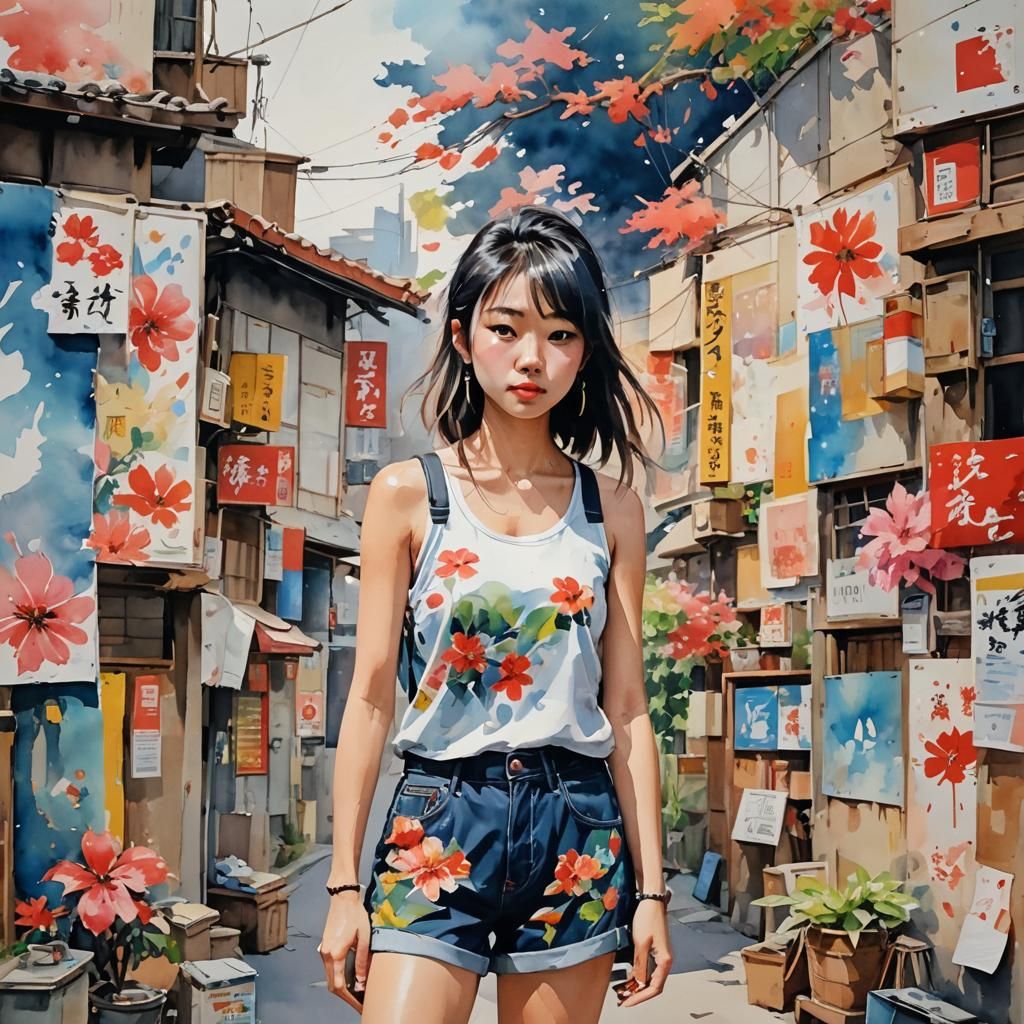 Japanese Girl in Chatuchak Market, Gouache Impressionist Pai...