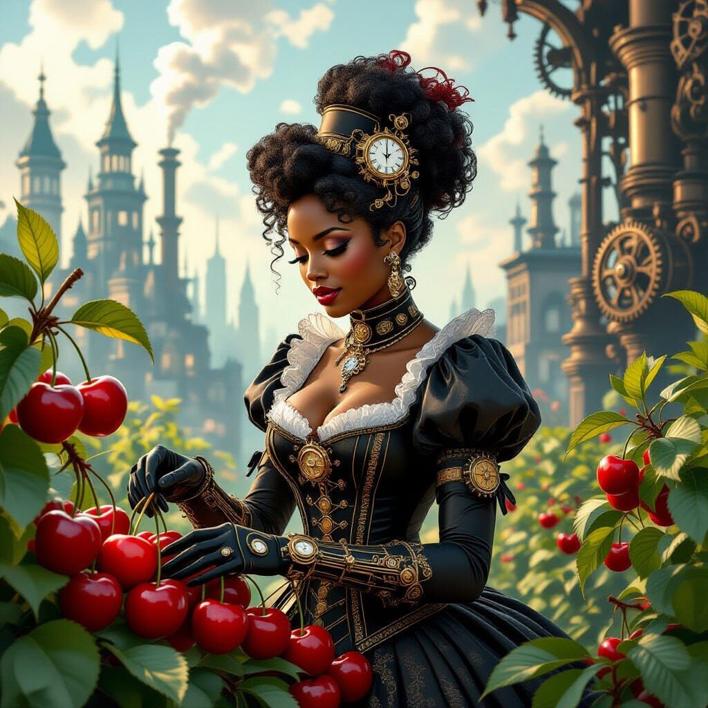 Steampunk Woman Tends Glowing Cherry Garden in Fantastical C...