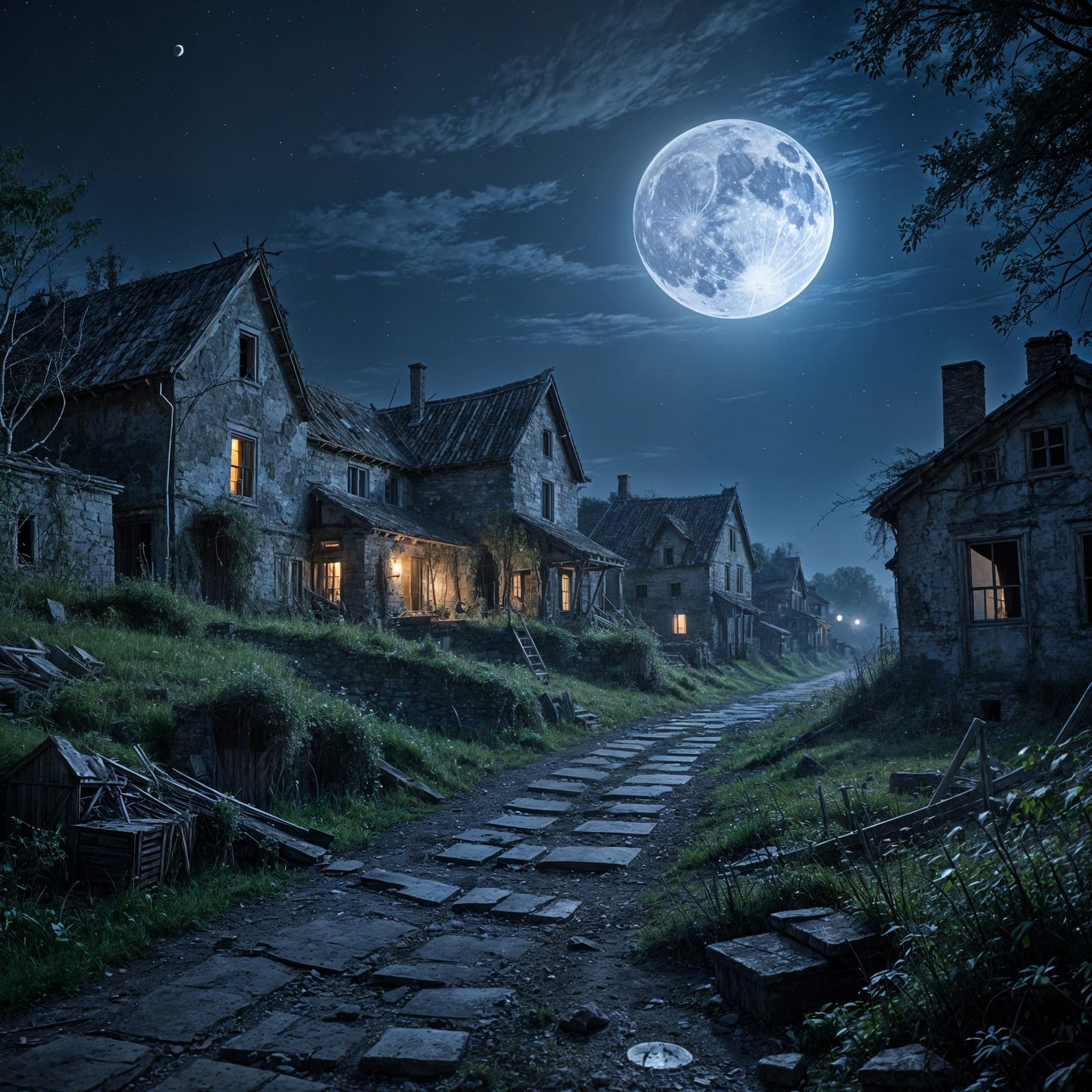 Eerie Abandoned Village Under Full Moon