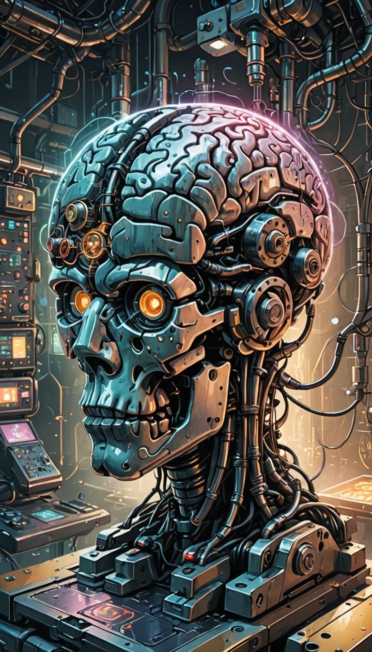 Cyberpunk Brain on Machine: Full Color Illustration