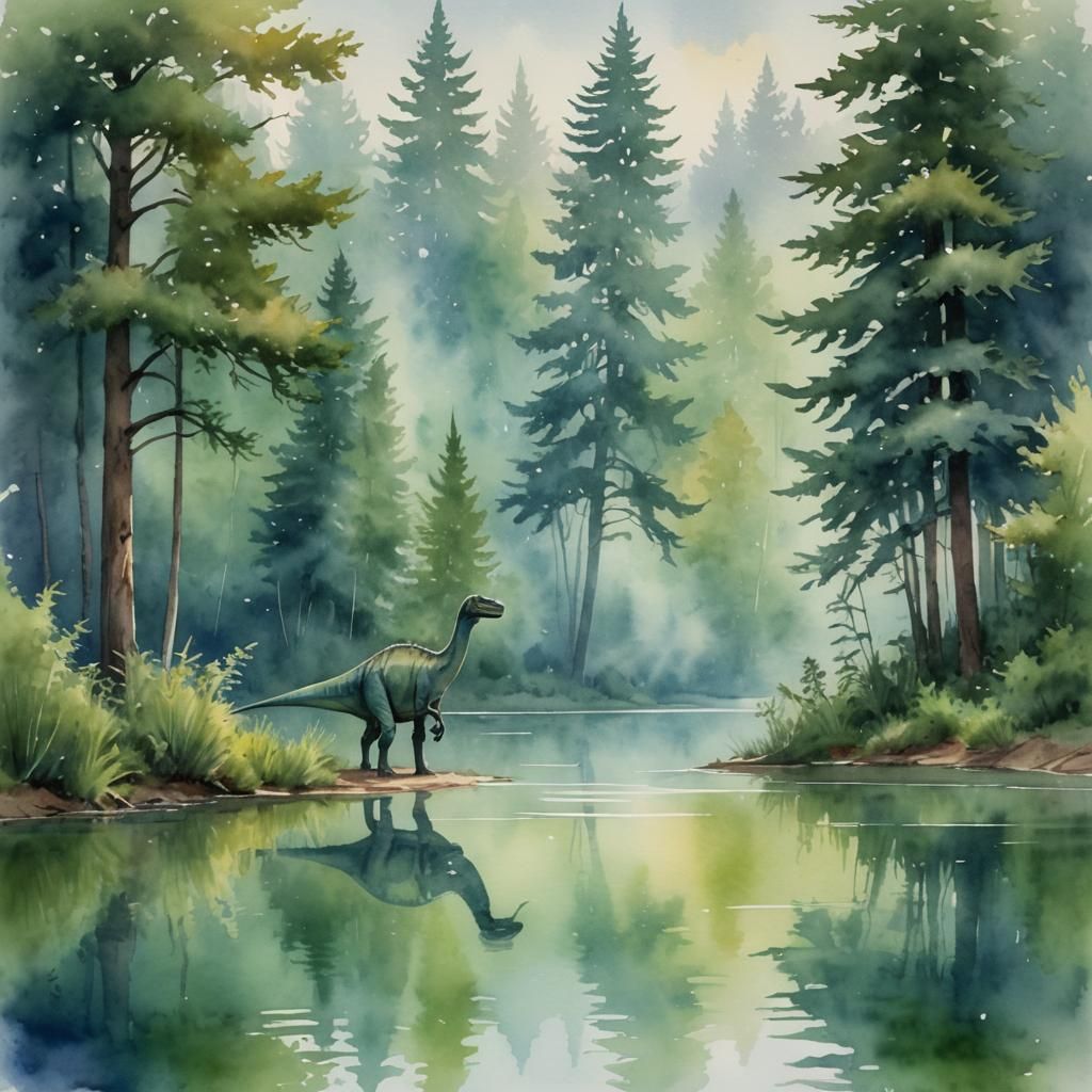 Dinosaur in Watercolor Landscape