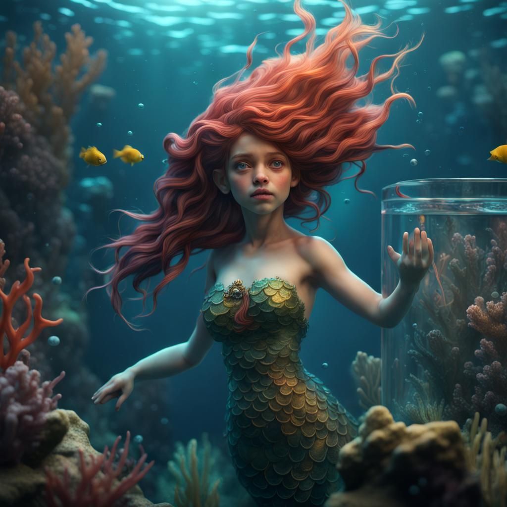 Mermaid Trapped: Fantastical Underwater Aquarium Scene