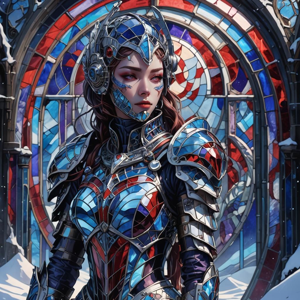 Biomechanical Girl in Stained Glass Armor