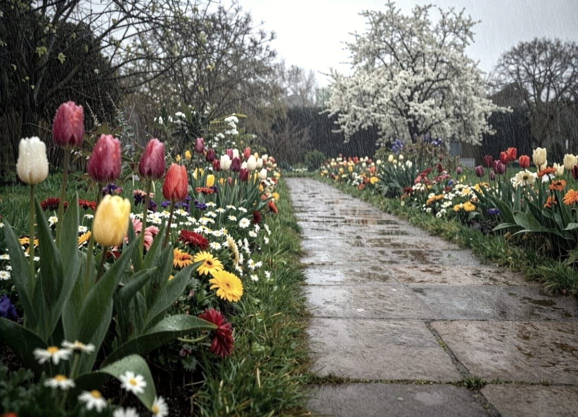 Serene Garden Pathway in Gentle Spring Rain