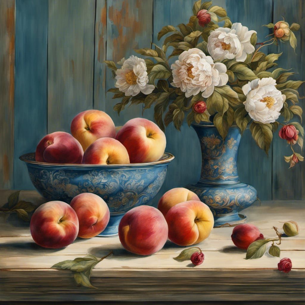 Still Life with Fruit and Peony, Detailed Digital Painting