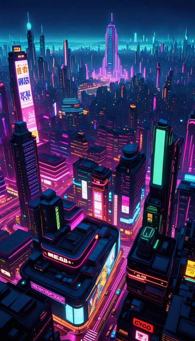 Cyberpunk Metropolis at Night: Neon and Flying Cars