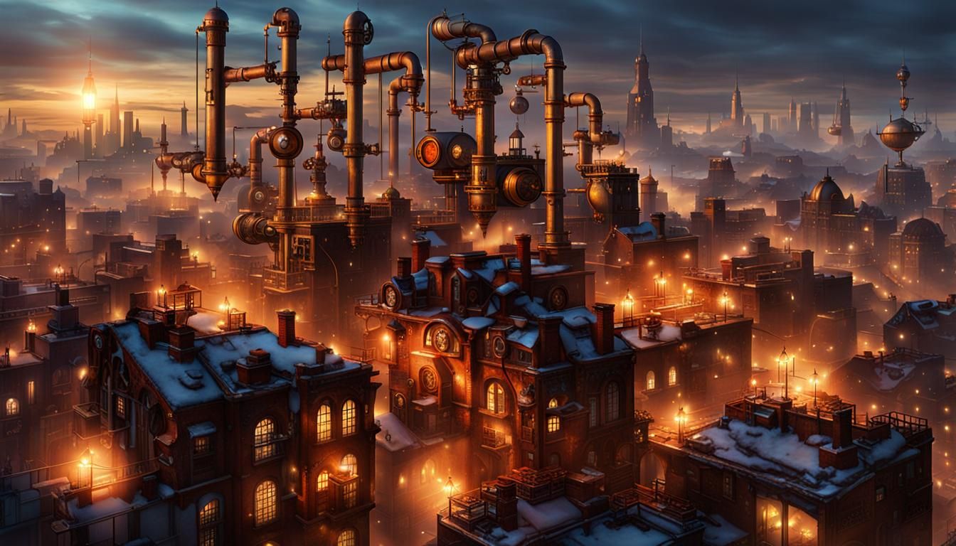 Steampunk Cityscape at Dusk with Heavenly Lights