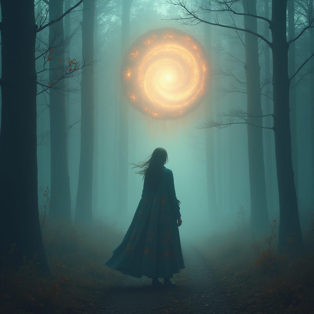 Ethereal Portal Beckons Cloaked Figure in Dreamlike Forest