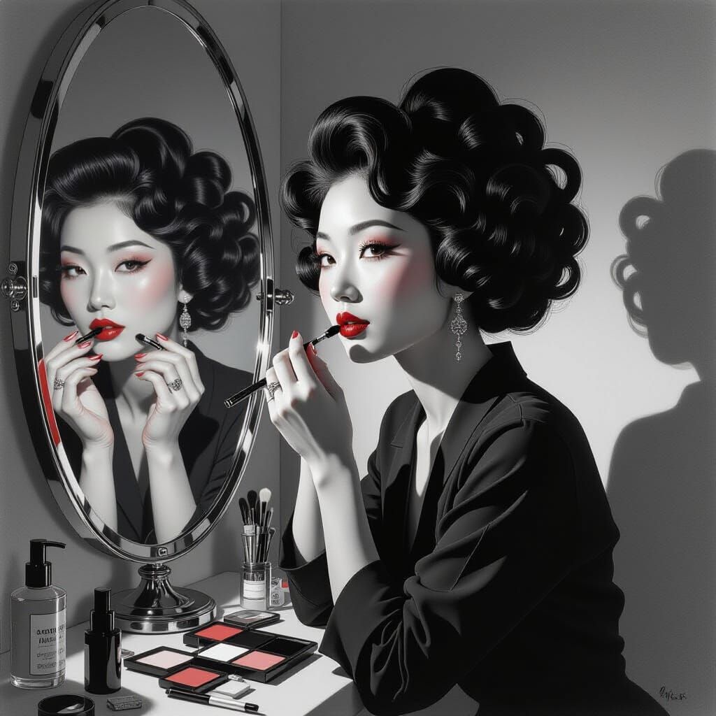 Surreal Monochrome Portrait of Woman Applying Makeup