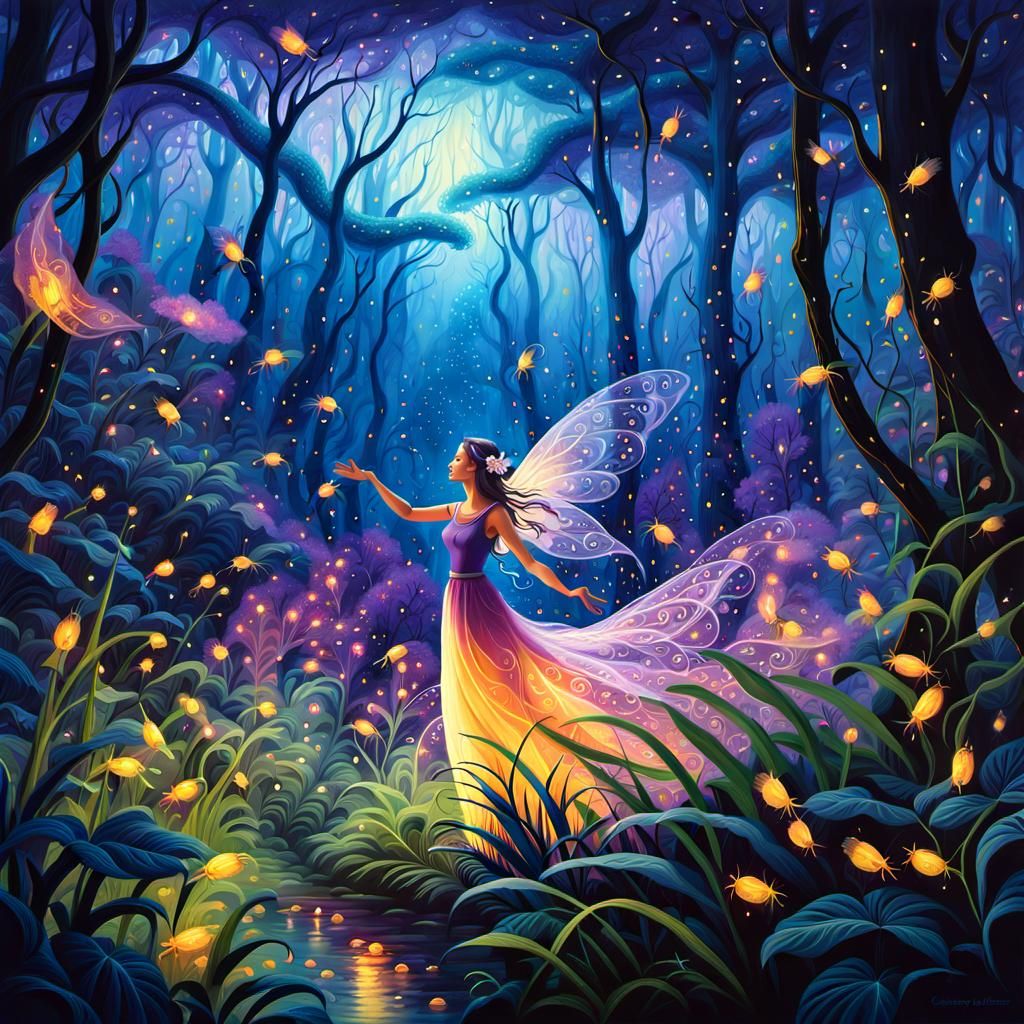 Fairy in Mystical Jungle with Fireflies, Digital Matte Paint...