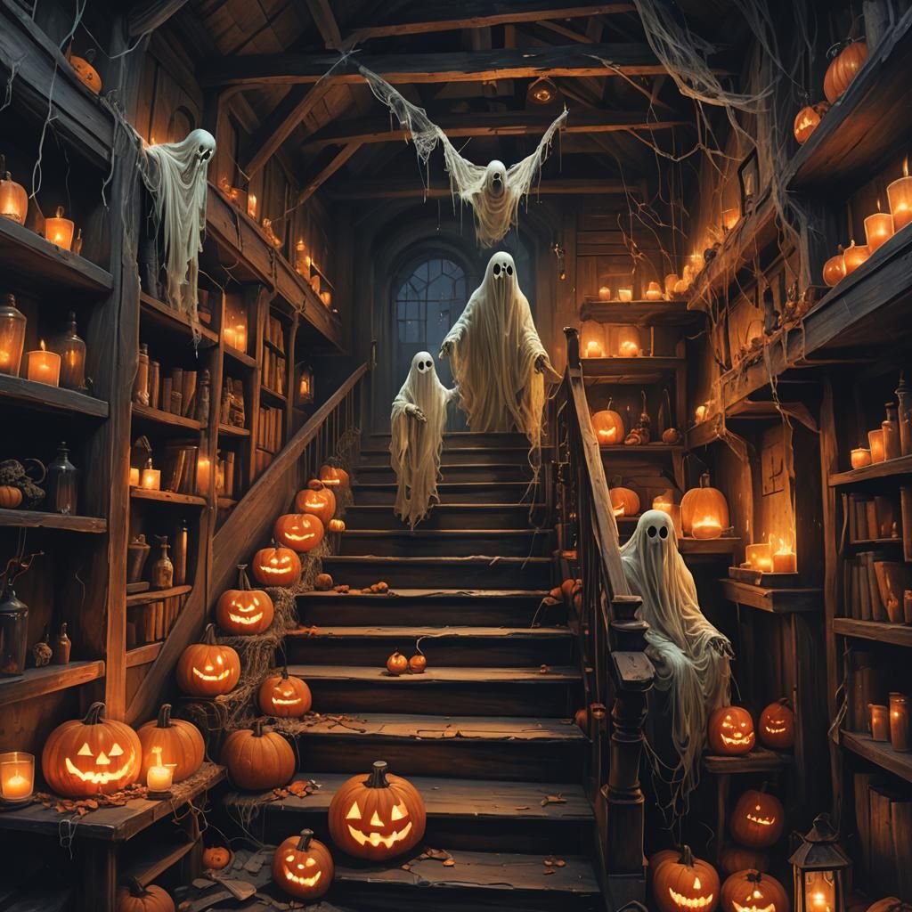 Dark Fantasy Attic with Ghosts in Oil Painting Style