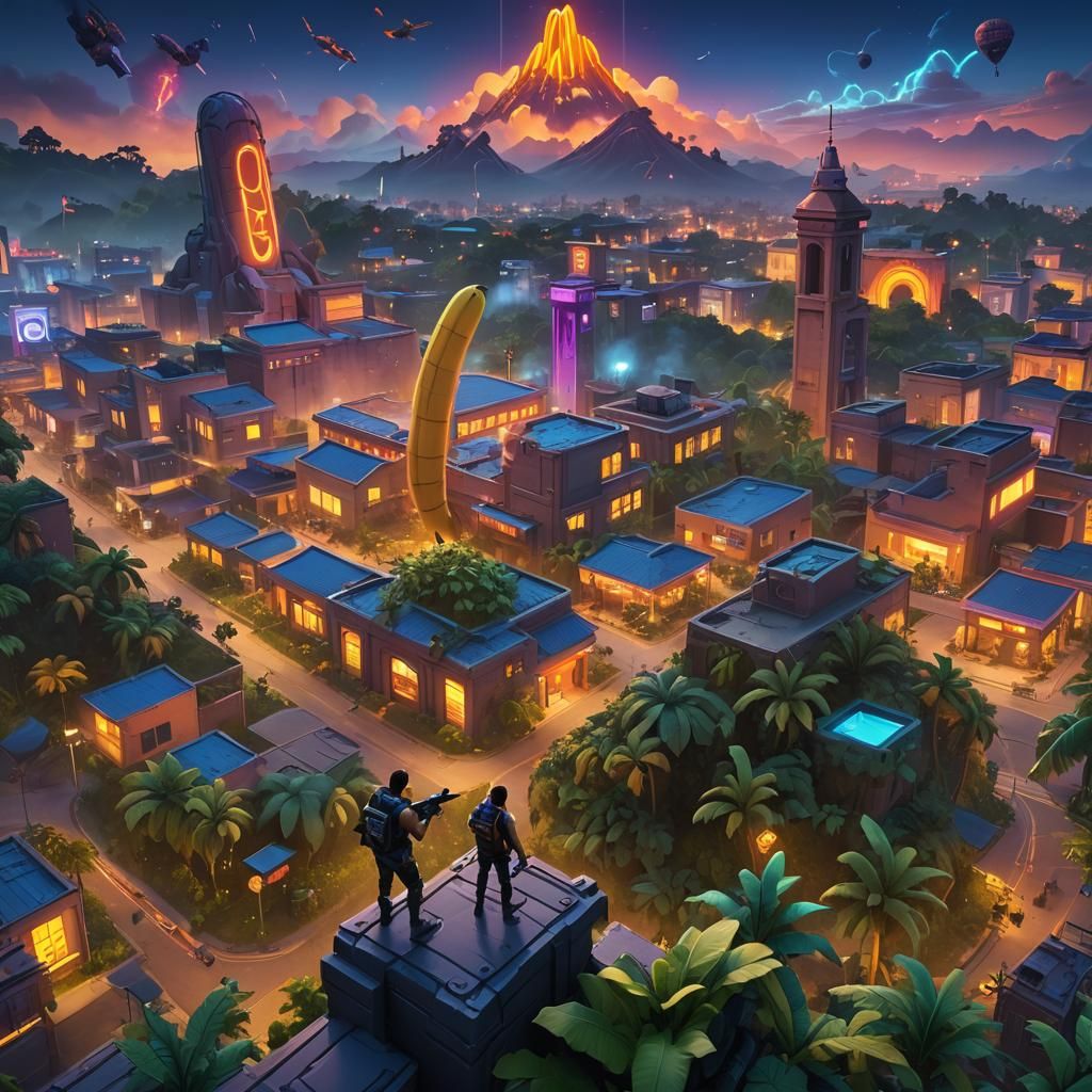 Banana Fortress Overlook: Fortnite Kids in Dystopian Night