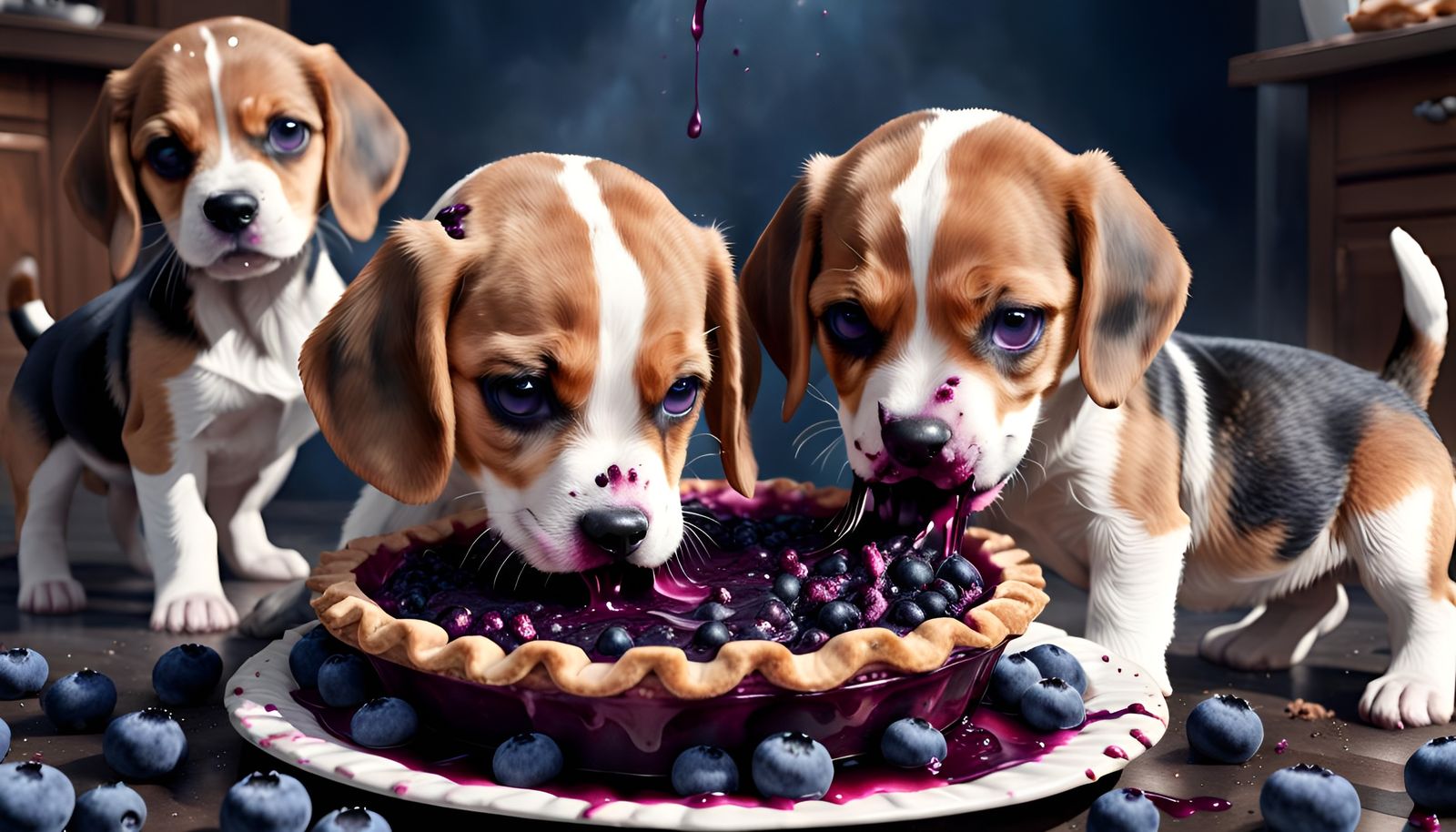 Beagle Puppies Devour Blueberry Pie: Detailed Art