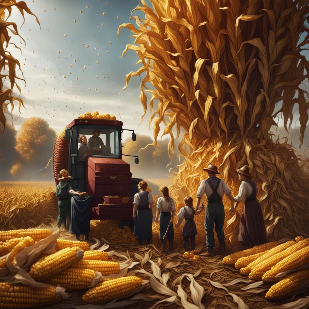 Family Harvesting Corn: Detailed Matte Painting