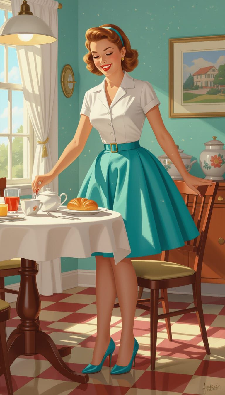 1950s Stepford Wife Setting Table in Hyperrealistic Style