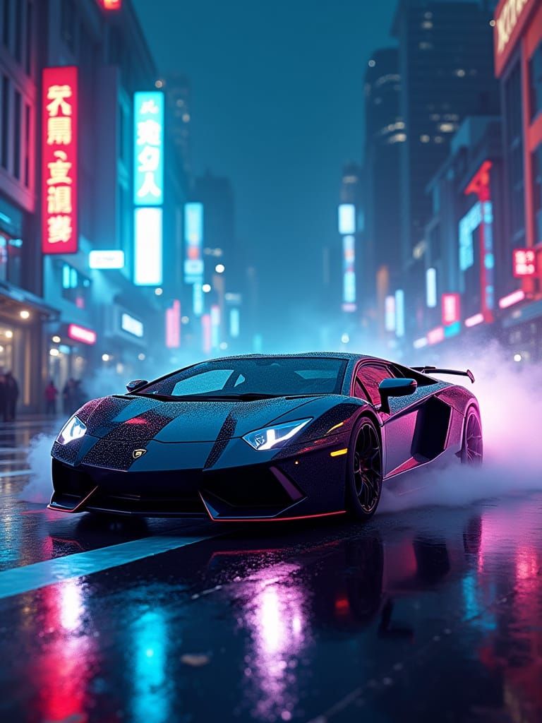 Midnight Black Lamborghini Aventador in Cyberpunk Cityscape