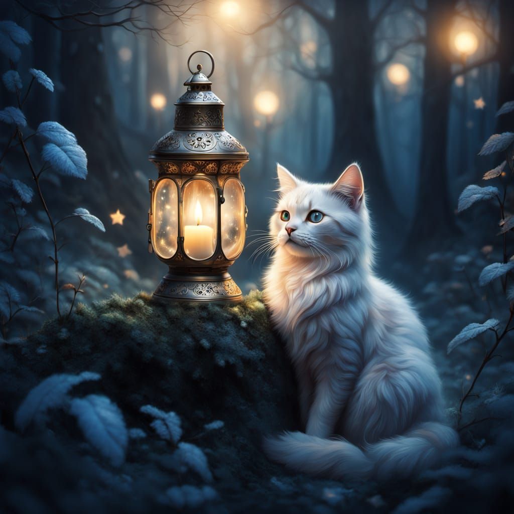 Whimsical Cat in Enchanted Forest at Night