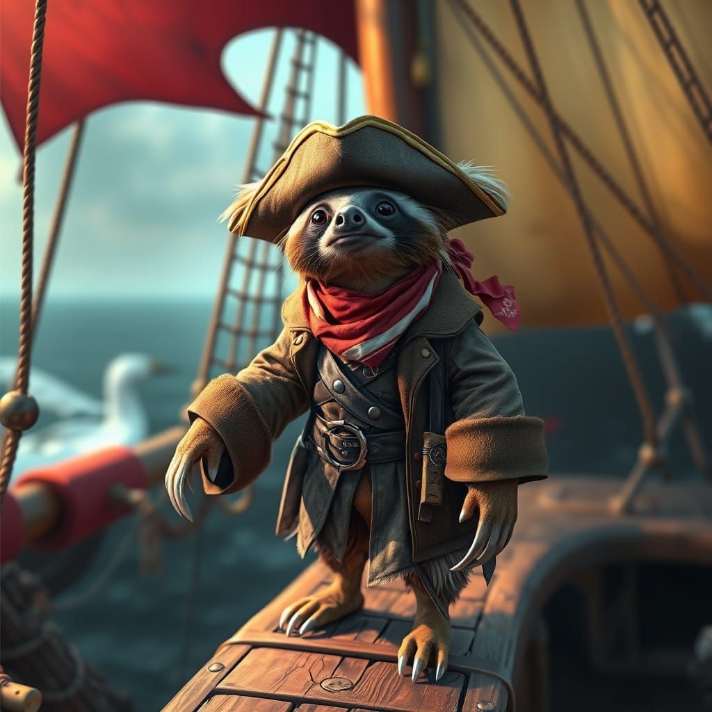Sloth Pirate Captain on Mystical Ship as Concept Art