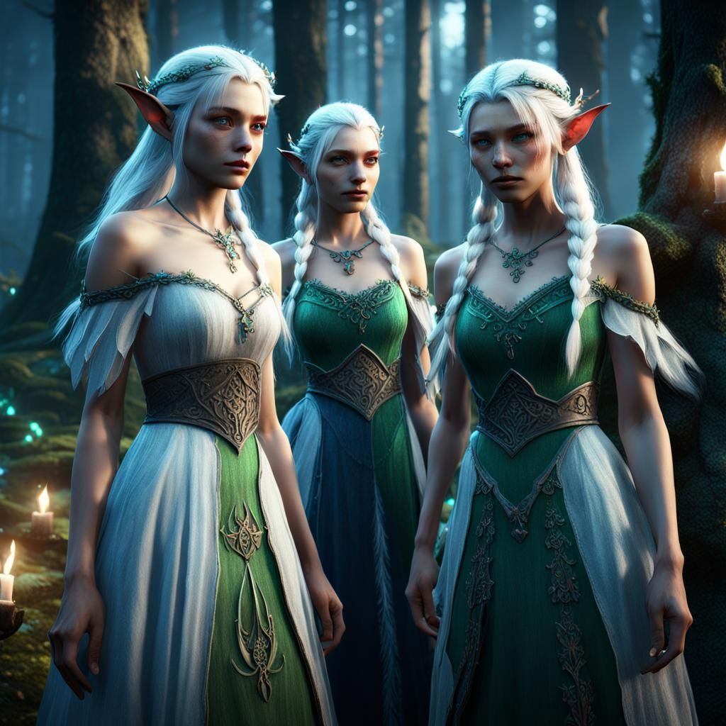 Enchanted White-Haired Elves Tend Forest in 3D Render