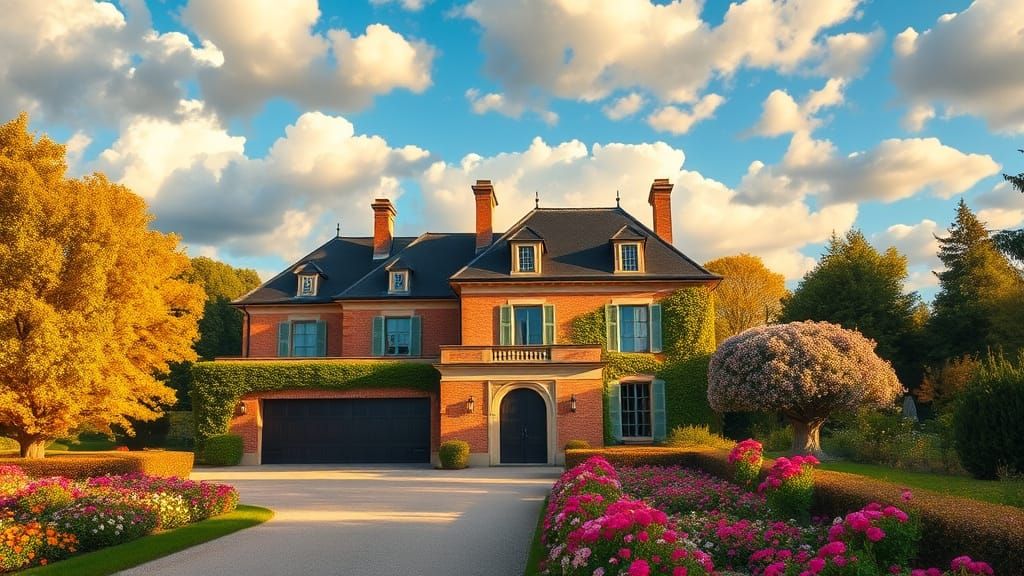 Grand Chateau with Vibrant Garden Under Golden Hour Sky