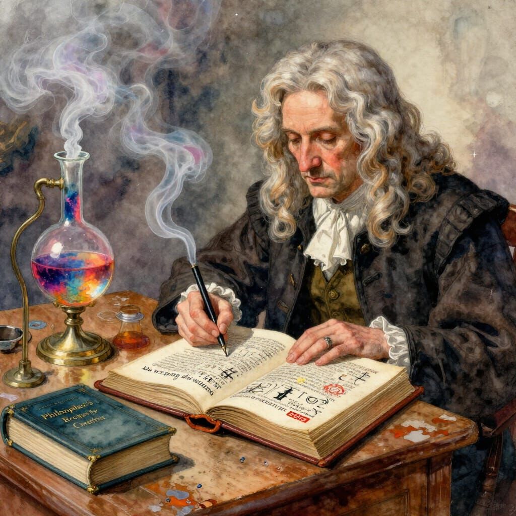 Surreal Watercolor of Isaac Newton Writing Alchemy Book