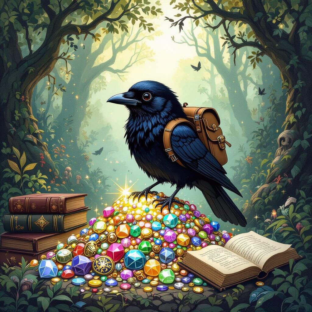 Crow on Treasure in Magical Forest, Gurney Style