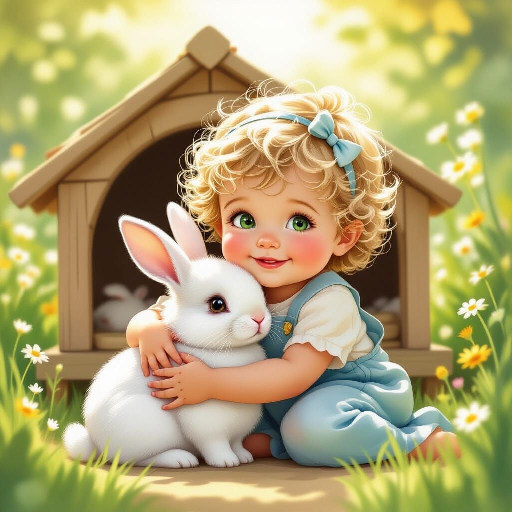 Toddler Cuddles Bunny in Sun-Dappled Garden