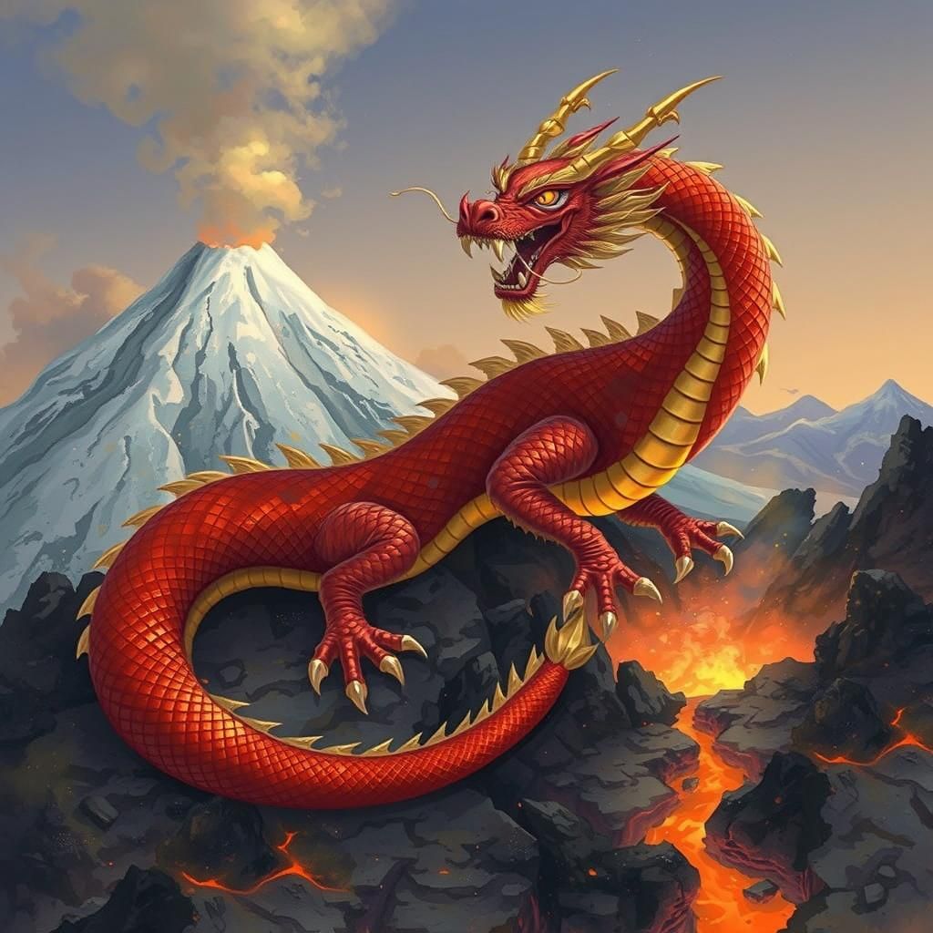 Chinese Dragon Curled Around Volcano, Wou-Ki Inspired Art