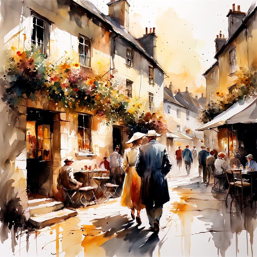 Cotswold Village in 18th Century, Watercolour Splash Art