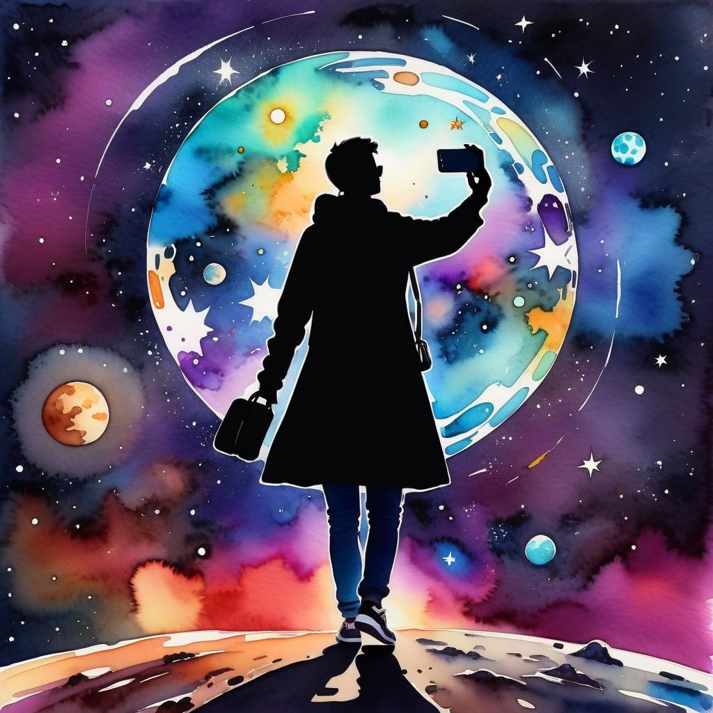 Cosmic Watercolor Selfie: Life's Journey